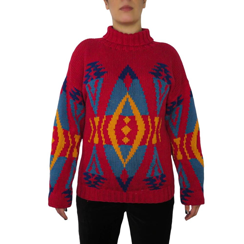 Breeches 1980s Vintage Sweater Retro Red Tribal Knit Sweater Large
